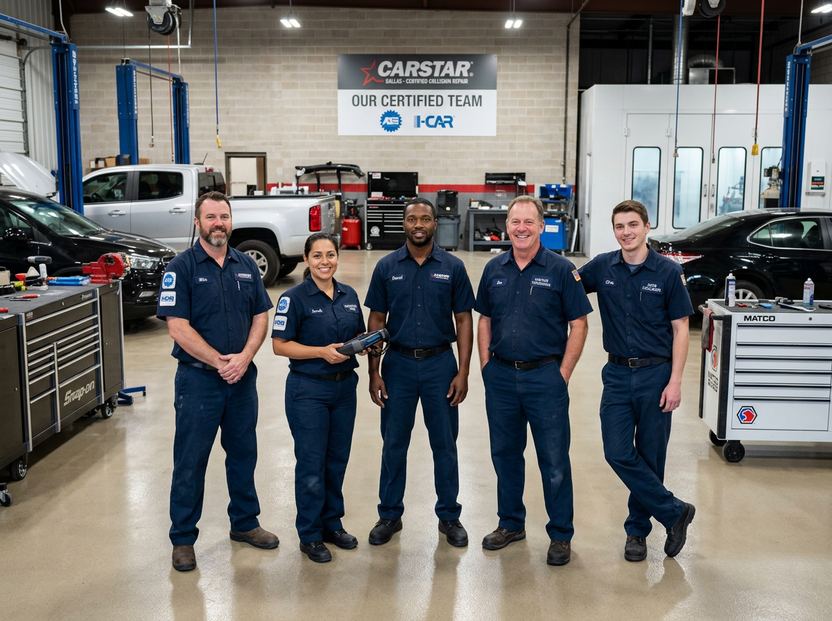 Certified auto collision technicians inside Dallas shop