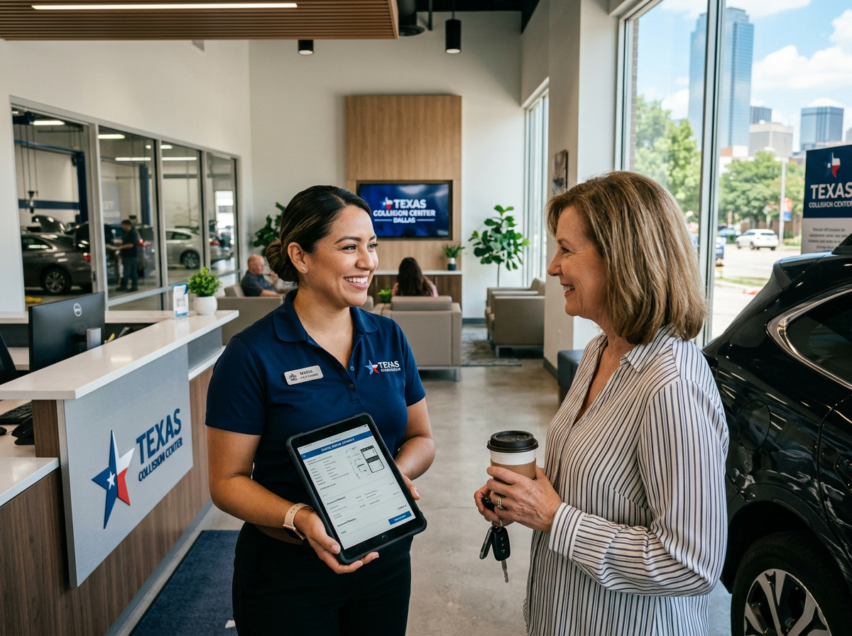 Service advisor welcoming customer in Dallas facility