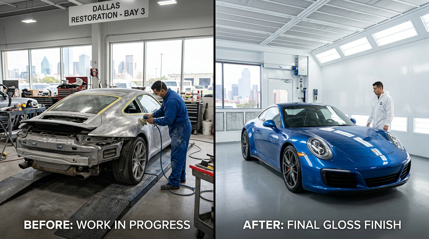 Showcase of vehicle repair transformations at Concours Paint and Body Dallas